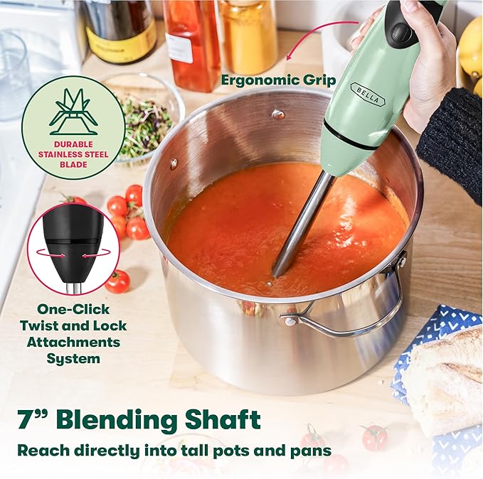 bella 2-Speed Hand Immersion Blender with Whisk Attachment, 250 Watt, Sage, Immersion Blender with Dishwasher Safe Whisk & Blending Attachments for Food Prep (17576)