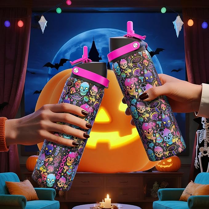 ENCOOL Halloween Insulated Water Bottle with Straw - Stainless Steel Water Bottle with Push Button Lid, Leak-Proof BPA-Free, Keeps Cold for 24 Hours for Halloween gifts, Party (24 oz, Trippy Skulls)
