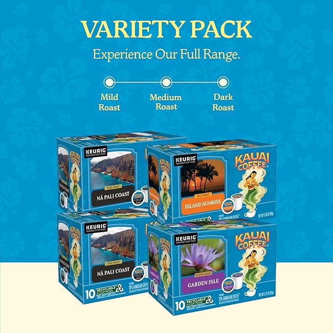 Kauai Coffee K-Cup Pods for Keurig Brewers – Arabica Coffee, 10% Hawaiian – Mild, Medium and Dark Roast, Rich, Smooth, No Bitterness – Three Flavors, 4 Packs of 10 Single Serve K-Cups