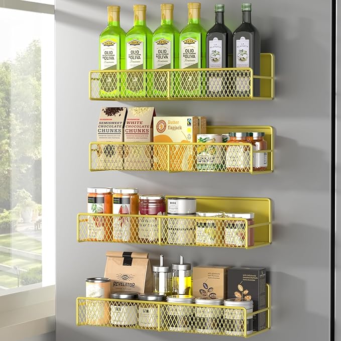 Magnetic Spice Rack for Refrigerator, 4 Pack 100% Metal Strong Magnet Fridge Shelves, Space Saving Spice Organizer, No Drilling Moveable Home Kitchen Laundry Room Storage Organization, Yellow