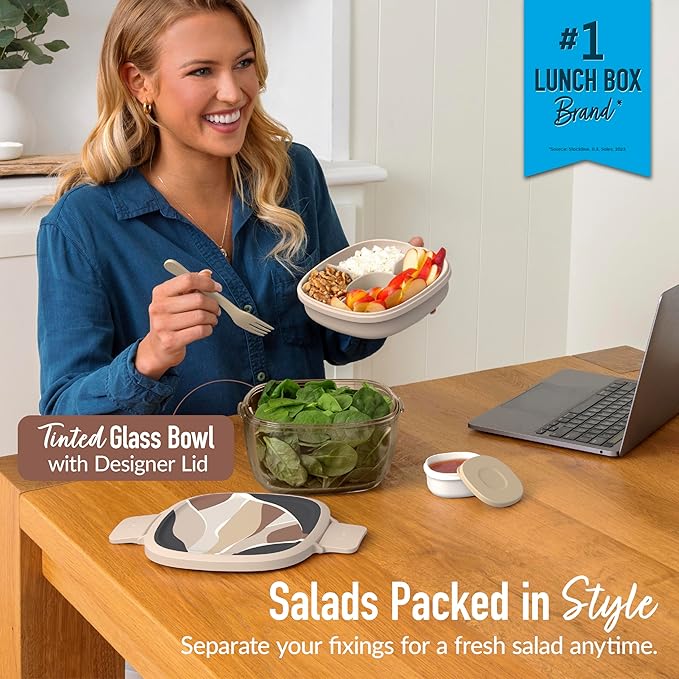 Bentgo Glass Prints All-in-One Salad Container - 61oz Tinted Glass Salad Bowl with Lid, Bento-Style Tray, Sauce Container, & Reusable Fork - Dishwasher & Microwave Safe (Inky Abstract - Neutrals)
