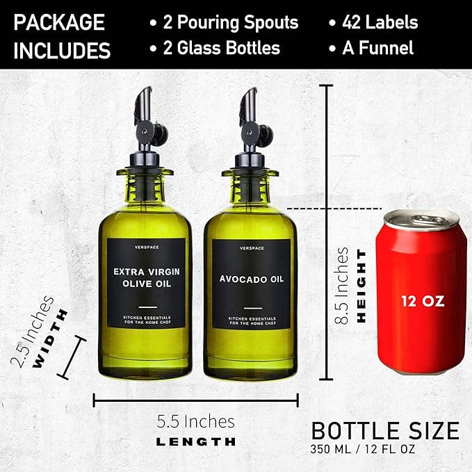 Green Glass Olive Oil Dispenser Bottles For Kitchen, Avocado Oil Dispenser Set, Modern Decor, Gold Kitchen Accessories for Home, Airbnb, Cafe (Black, Set of 2)