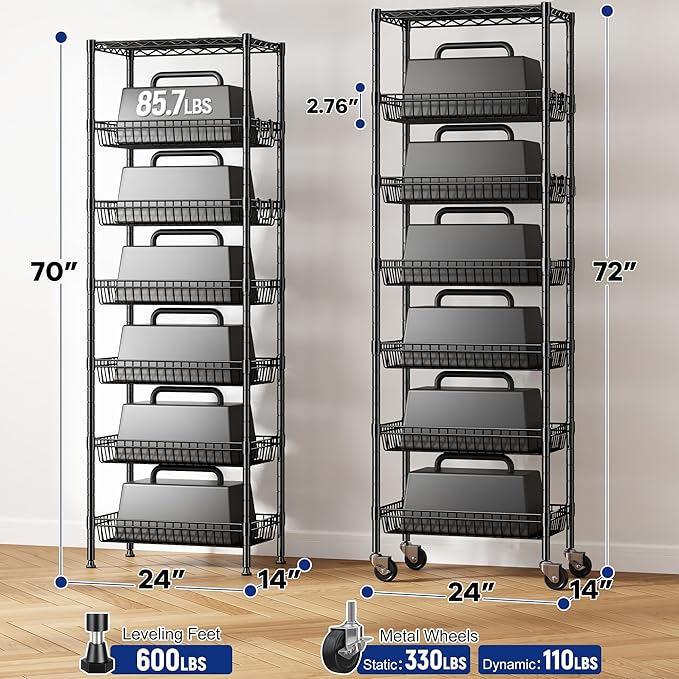 7 Tier Wire Shelving Unit with Wheels 72" H Adjustable Basket Shelf Storage Shelves with Hooks for Kitchen Bathroom Garage Closet Laundry Room Organization 72" H x 24" W x 14" D, Black