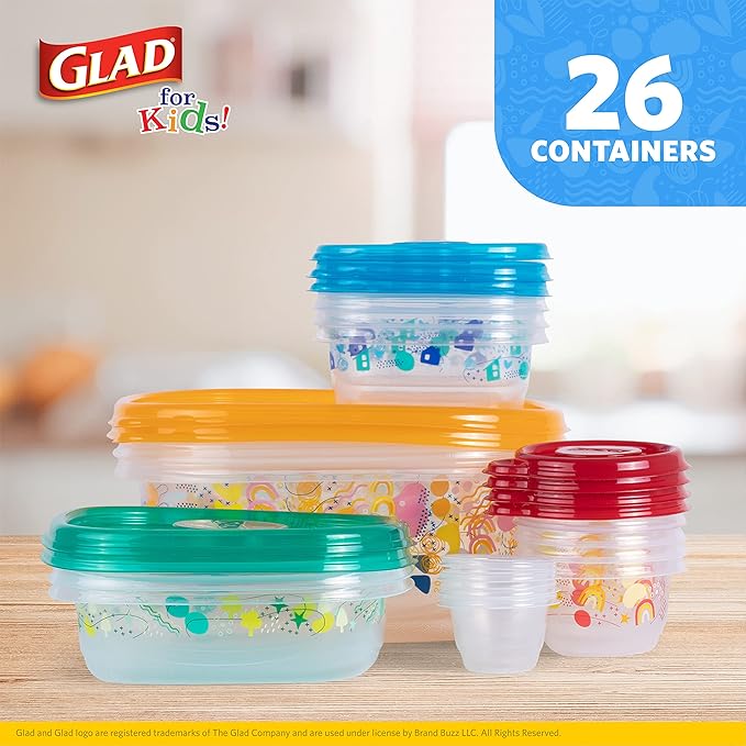 Glad for Kids GladWare Variety Pack - Back-to-School Food Storage Containers with Lids - Mixed Sizes with Rainbow and Cute Patterns - Tight-Sealing Kids Lunch Set - 26 Pieces
