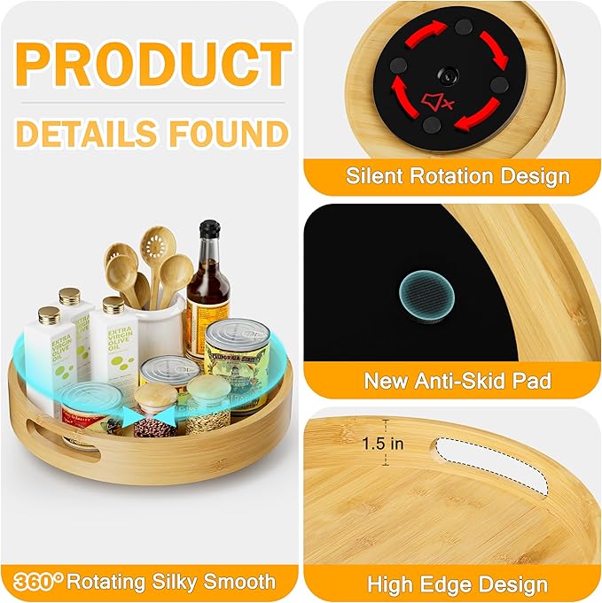 Lazy Susan Organizer Homerays 12 Inch Non-Skid Bamboo Lazy Susan for Kitchen Rotating Spice Rack with Handles, Wood Turntable for Kitchen Cabinet,Countertop (Bamboo, Medium)