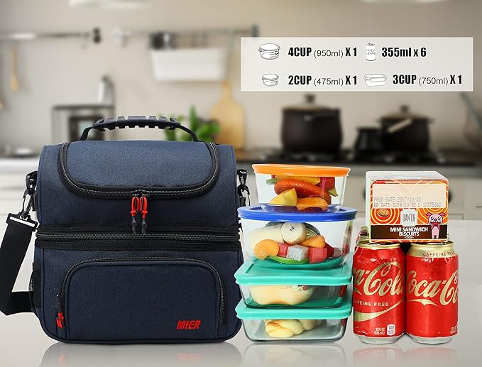 MIER Dual Compartment Lunch Bag Tote with Shoulder Strap for Men and Women Insulated Leakproof Cooler Bag, Dark Blue