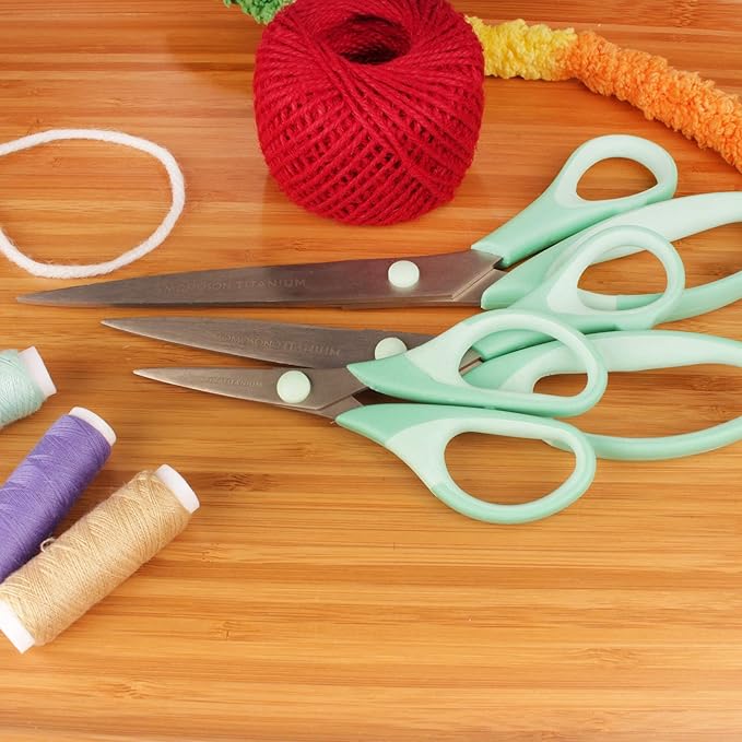 BambooMN Titanium Softgrip Scissors Set for Sewing, Arts, Crafts, Office - 1 set of 3 - Mint Green