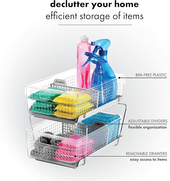 madesmart 2-Tier Organizer, Multi-Purpose Slide-Out Storage with Handles and Dividers for Home and Bath, BPA Free, Clear/Gray