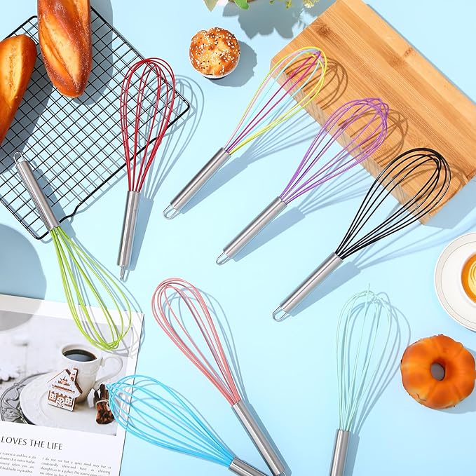 Domensi 16 Pcs 10 Inch Whisks Bulk for Cooking Silicone Whisks Non Scratch Stainless Steel Hand Coated Metal Heat Resistant Egg Beaters for Classroom Cook Party Favor Gift Supplies