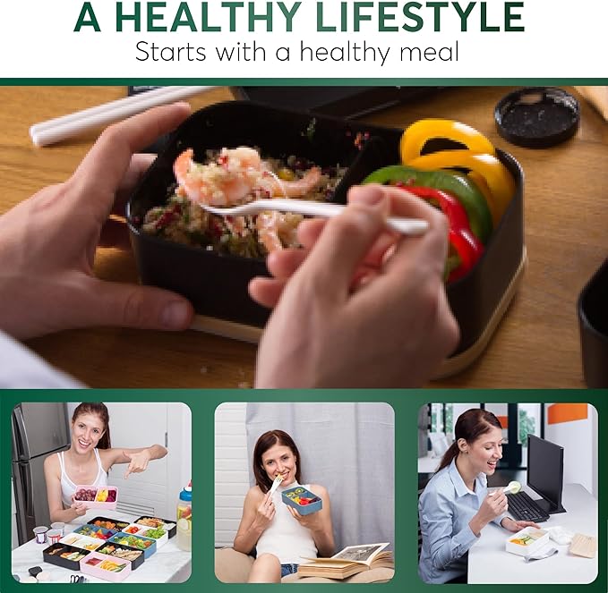 Umami Bento Box Adult All-In-1 w/4 Utensils, 2 Sauce Jars 2 Dividers, Bamboo Lid, 100% Leakproof, Microwave & Dishwasher Safe Stackable Bento Lunch Box Containers for Men/Women, Black Beige, 68 oz