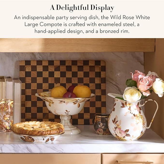 MACKENZIE-CHILDS Enamel Compote, Pedestal Serving Dish or Decorative Bowl, Large, Wild Rose White