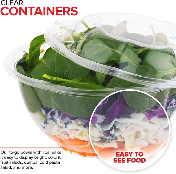 Stock Your Home 32oz Clear Plastic Salad Bowls with Lids Disposable (150 Pack) – Medium Takeout Containers with Snap-On Lids for Salads, Meal Prep, Acai Bowls, Fruit, To-Go Parties