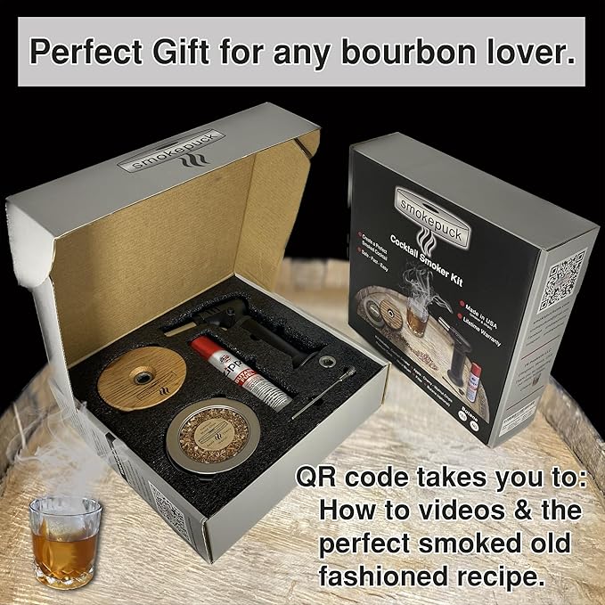 Cocktail Smoker Kit - Made in USA - Lifetime Warrenty - Apple+Cherry+Walnut Wood Chips - Create Smoked Old Fashioned - Great Bourbon Gift - Premium Torch & NEW Gift Box. (Includes Butane)