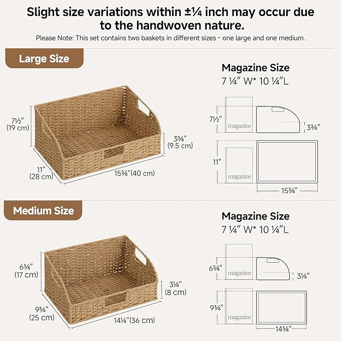 StorageWorks Pantry Baskets for Organizing, Paper Rope Storage Baskets for Shelves with Built-in Handles, Pantry Organizers and Storage, Natural, Set of 2 (Large and Medium)