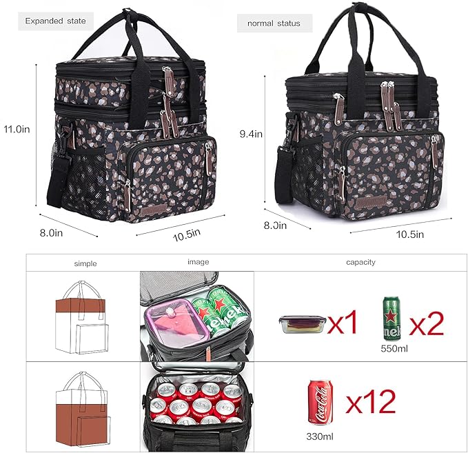 MOV COMPRA Leopard Lunch Bags for Women,Expandable Large Lunch Box,Leakproof Double Deck Lunch Box Cooler Tote Bag with Removable Shoulder Strap（Leopard Print）
