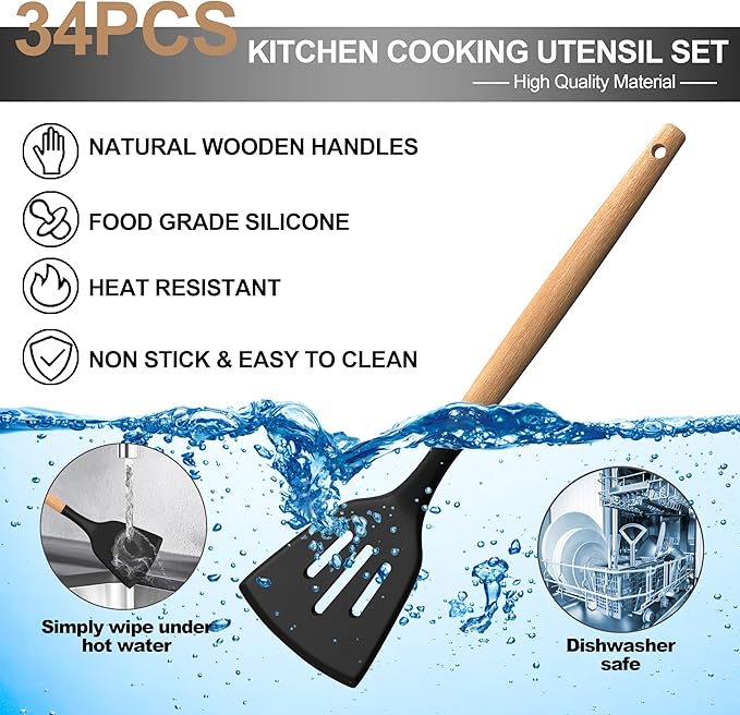 Silicone Cooking Utensils Set, 43Pcs Non-Stick Heat Resistant Kitchen Utensils Spatula Set with Wooden Handle for Baking, Cooking, and Mixing, Best Kitchen Gadgets Tools with Holder (Black)
