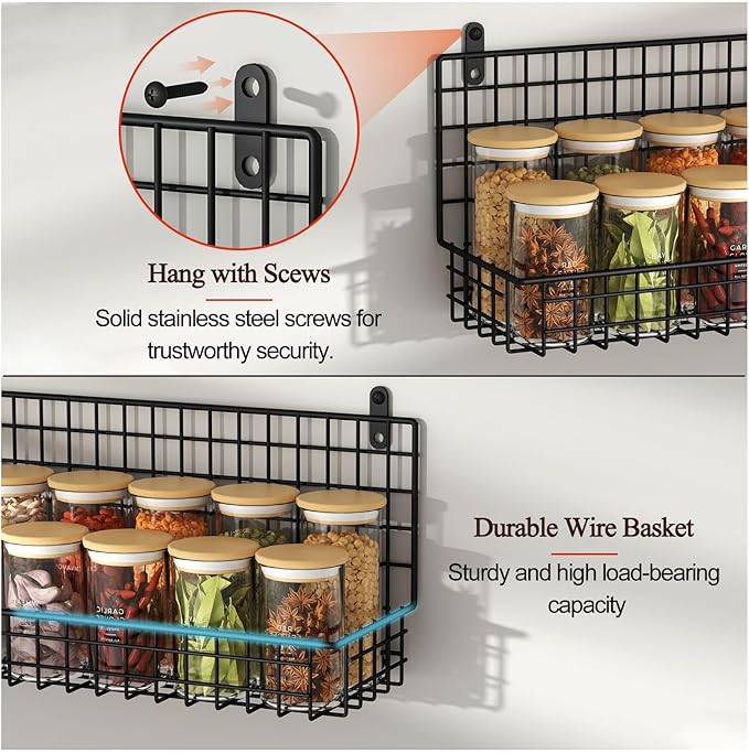 X-cosrack Upgraded Spice Rack Organizer - Wall Mounted Large 4-Tier Stackable Spice Storage with 5 Hooks, Holds 80 Jars, for Kitchen Pantry Organization (Patent:D909138S)