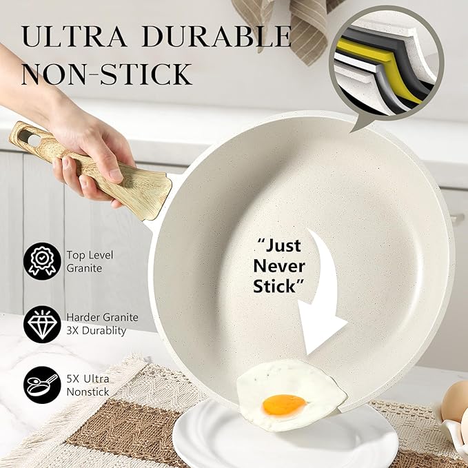 GiPP Non Stick Frying Pan Set - 8" 9.5" 11" Granite Nonstick Pan Skillet, Non Toxic Pans for Cooking, Omelette Pan with Stay Cool Handle, Induction Compatible, PFAS/PTFE/PFOA Free, White
