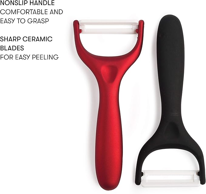Cooking Light Ceramic Peeler Set with Ultra Sharp and Durable Blades, Ergonomic Handles Black and Red Kitchen Tools, 2 Piece, Black/Red