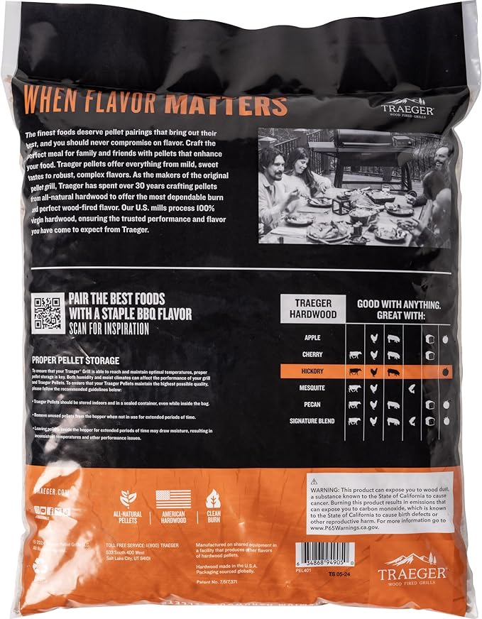 Traeger Grills Hickory 100% All-Natural Wood Pellets for Smokers and Pellet Grills, BBQ, Bake, Roast, 18 lb. Bag (Pack of 3)