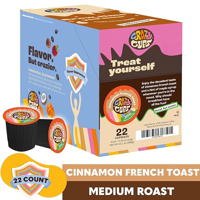 Crazy Cups Decaf Flavored Coffee Pods, Decaffeinated Cinnamon French Toast Flavored Coffee, Single Serve Hot or Iced Medium Roast Coffee for Keurig K Cups Machines(Pack of 1, 22 Count Total)