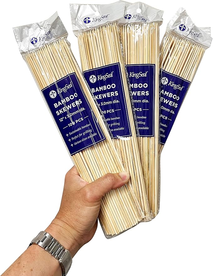 400 Count | KingSeal Natural Bamboo Wood Grilling Skewers for Shish Kebabs, BBQ, and Fruit Arrangements, 12 Inch x 3.0mm Diameter - 4 Packs x 100 Skewers