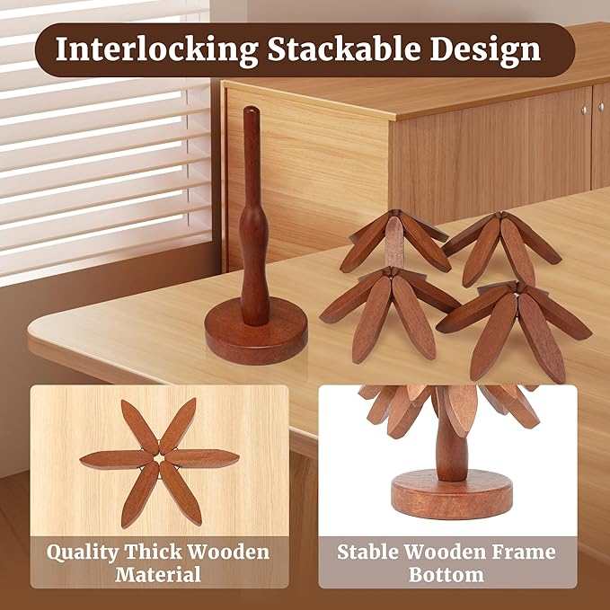 Tree Shape Wooden Trivets for Hot Dishes, 4 Wooden Trivets + 1 Stand stored Like a Christmas Tree，for Easy Storage，Multifunctional Ornaments (Walnut Brown)