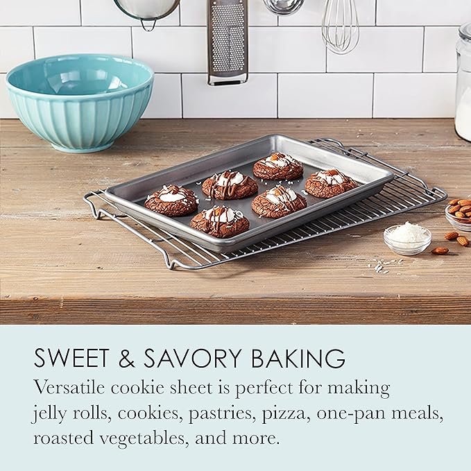 Chicago Metallic Commercial II Non-Stick Small Cookie/Baking Sheet. Perfect for making jelly rolls, cookies, pastries, one-pan meals, and more,12.25 by 8.75, Gray