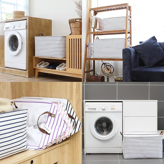 Hinwo 70L Extra Large Storage Bins, Closet Organizers and Storage, Foldable Clothes Storage Baskets with Handles, Containers for Clothing, Blanket, Comforters, Toys, Bedding (Navy Stripe)