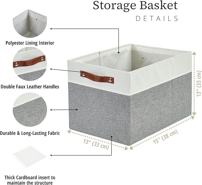 DECOMOMO Kallax Storage Cubes - 13x15x13 Storage Bins, Baskets for Organizing Shelves (Grey and White, 3-Pack)