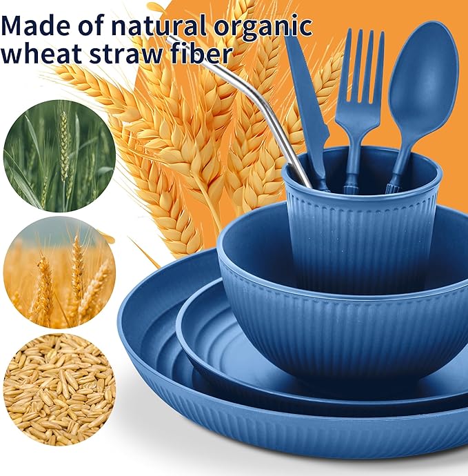 Wheat Straw Dinnerware Sets,48-Piece Plates and Bowls Sets for 6-Unbreakable,Reusable Plastic Dish Set-Dinner Plate/Dessert Plate/Cereal Bowl/Cup/Utensils-Microwavable Dishwasher Safe 48P-Tropical