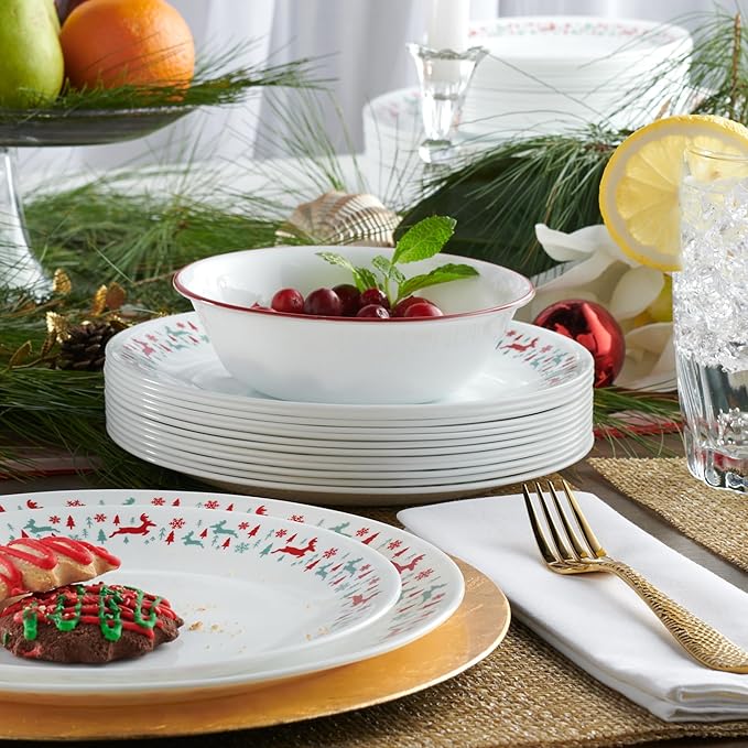 Corelle Vitrelle 18-Piece Christmas Service for 6 Dinnerware Set, Triple Layer Glass and Chip Resistant, Lightweight Round Holiday Plates and Bowls Set, Be Merry