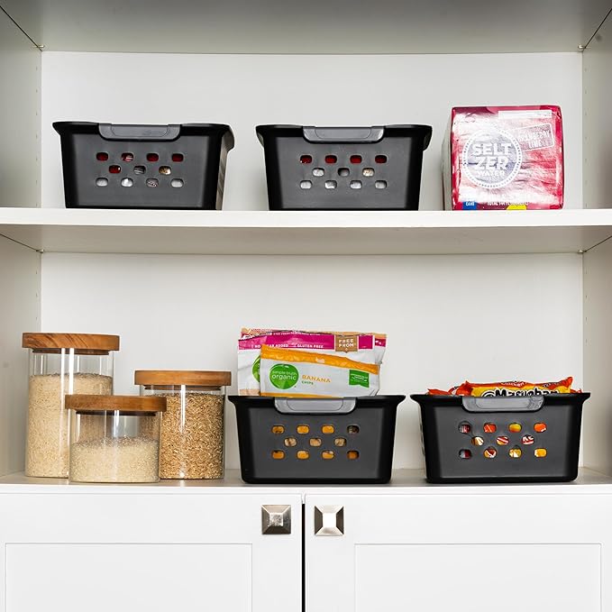 IRIS USA Plastic Basket, 12-Pack, Small, Shelves Storage Basket for Organizing Pantry, Cabinet, Bedroom, Closet, Laundry Room, Office, Black