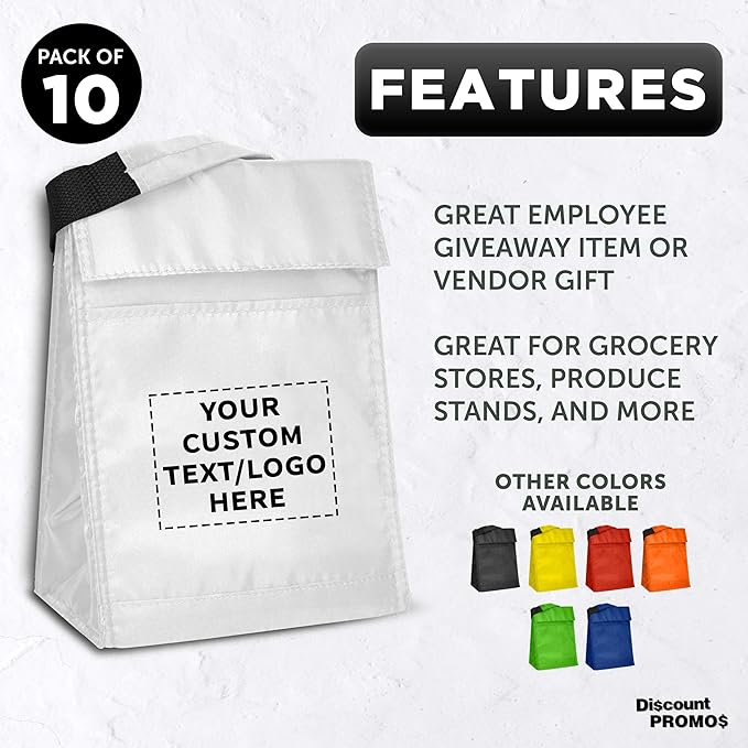 DISCOUNT PROMOS 10 Hook and Loop Insulated Lunch Bags Set - Customizable Text, Logo - Polyester, Durable, Vibrant, Reusable - White