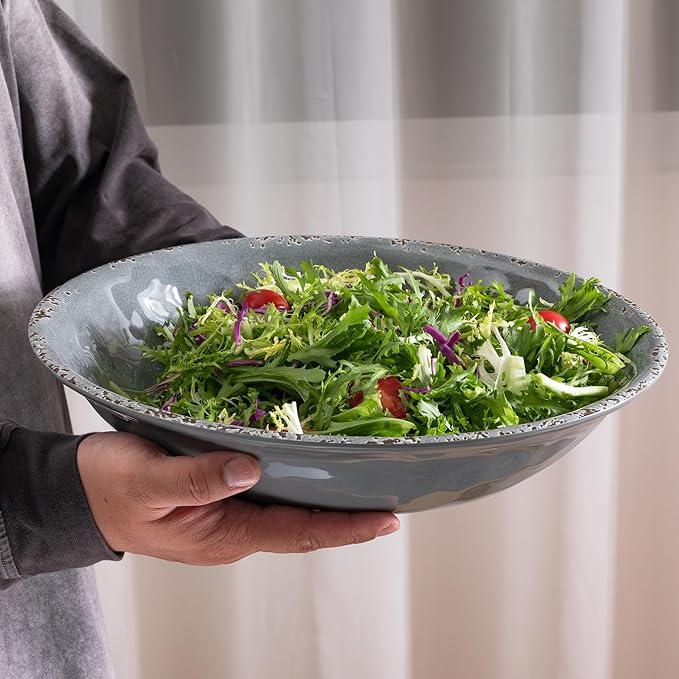 Farmhouse Large Melamine Serving Bowls,Set of 2, 130 OZ BPA Free 100% Melamine 13.75"x2.75" Salad and Pasta Serving Bowls, Bowls for Serving Food, Fruits And Pasta. Lightweight, Grey