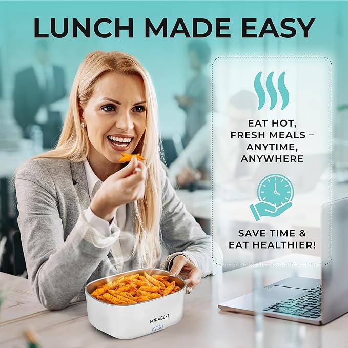 FORABEST Heated Lunch Box, 80W Electric Lunch Box for Adults, Portable Food Warmer with 1.5L Stainless Steel Container, Utensils & Carry Bag, On/Off Switch, 12V/24V Car/Truck & 110/120V Home/Office