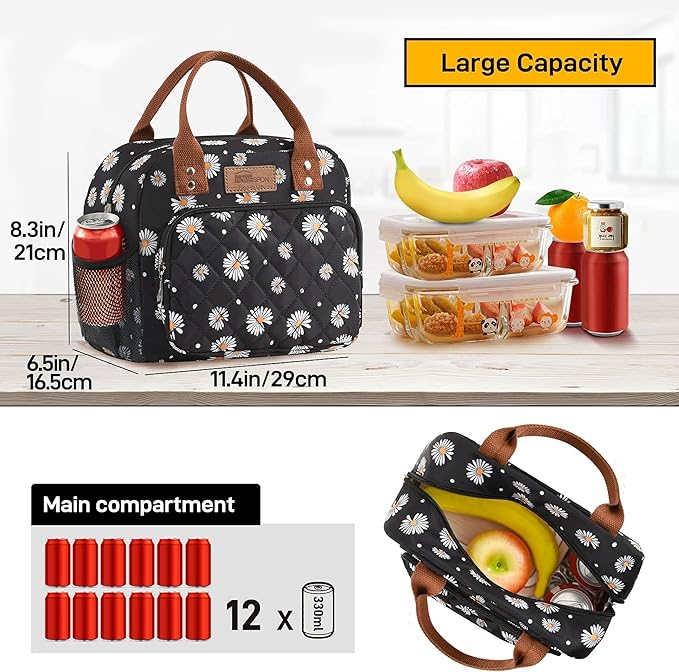 HOMESPON Lunch Bag for Woman Man Adults with Front Pocket Insulated Lunch Tote Lunch Box Container for Work Picnic or Travel(Daisy Side Pockets)