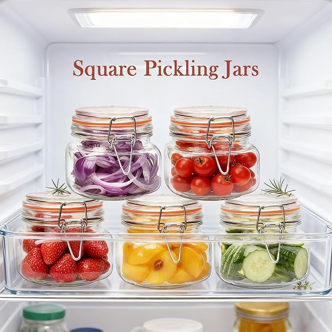 Encheng 16 oz Glass Jars With Airtight Lids And Leak Proof Rubber Gasket,Wide Mouth Mason Jars With Hinged Lids For Kitchen,Glass Storage Containers 6 Pack