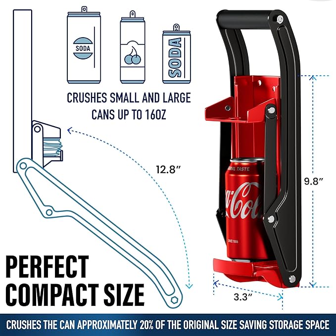 Can Crushers for Recycling - 16 oz Heavy Duty Aluminum Can Crusher Wall Mounted - Soda and Beer Can Smasher for Recycling with Bottle Opener - For 12 and 16 oz Cans - Easy to Install, Red - RamPro