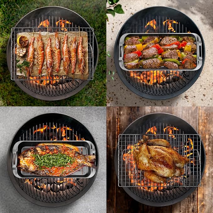 Grill Carry System, 6-Piece Stainless Steel Large Food Prep Tray, 16.5" x 11" Pan, Outdoor Grill with Cooling Rack for Vegetables, Fish, Meat, Great Grilling Gifts for Men