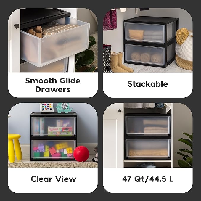 IRIS USA 47 Qt. Plastic Drawer Storage Organizer Stacking Drawers, 2-Pack, Stackable Unit with Sliding Drawer for Clothes Bedroom Kitchen Under Sink Pantry Craft Room Bathroom Dorm Office, Black