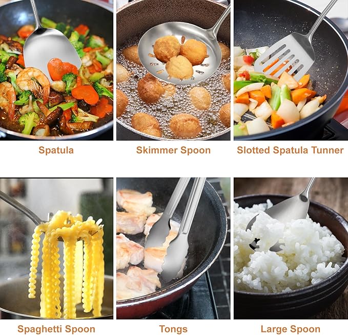 304 Stainless Steel Kitchen Utensils Set, 12 Pcs Long Metal Utensils Set with Potato Masher, Spoon, Ladle, Skimmer, Turner, Pasta Server, Tongs etc(Dishwasher Safe)