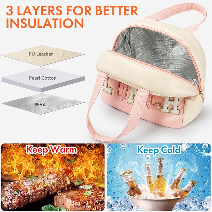 Lunch Bag for Women Insulated For Men PU leather Small Office Work lunch with Chenille Letters Leakproof Freezable Cooler Reusable Portable Box (White&Pink)
