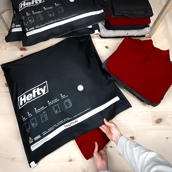 Hefty MAX Shrink-Pak Vacuum Storage Bags Combo Pack – Max Strength Tear-Proof Bags For Clothes, Pillows, Towels, Blankets & More – Space Saver Suction Sealer Bags for Home– 1 Large, 1 XL, 1 Jumbo