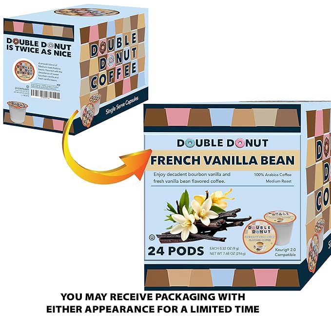 French Vanilla Coffee Pods, Vanilla Bean Flavored in Recyclable Single Serve Vanilla Pods for the Keurig K Cups Coffee Makers, Medium Roast, from Double Donut - 24 Count