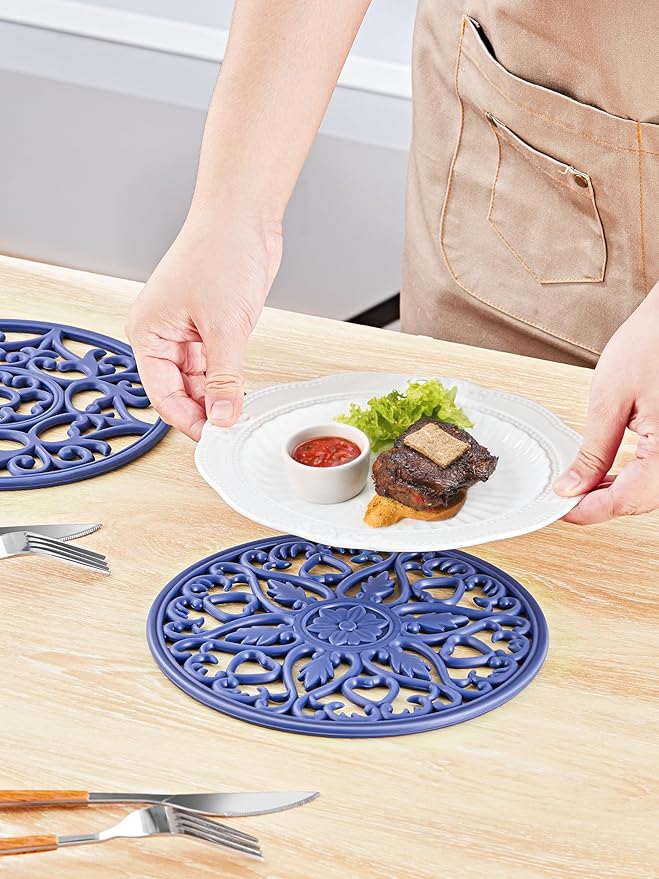 SMARTAKE 6 Set Silicone Trivet Mats, Multi-Use Carved Trivet Mat, Insulated Non-Slip Durable Kitchen Mats, Flexible Modern Kitchen Table Mat, for Hot Dishes, Pots, Dining Countertop, Navy Blue
