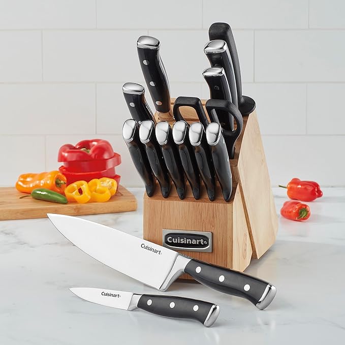 CUISINART Block Knife Set, 15pc Cutlery Knife Set with Steel Blades for Precise Cutting, Lightweight, Stainless Steel, Durable & Dishwasher Safe, C77BTR-15P