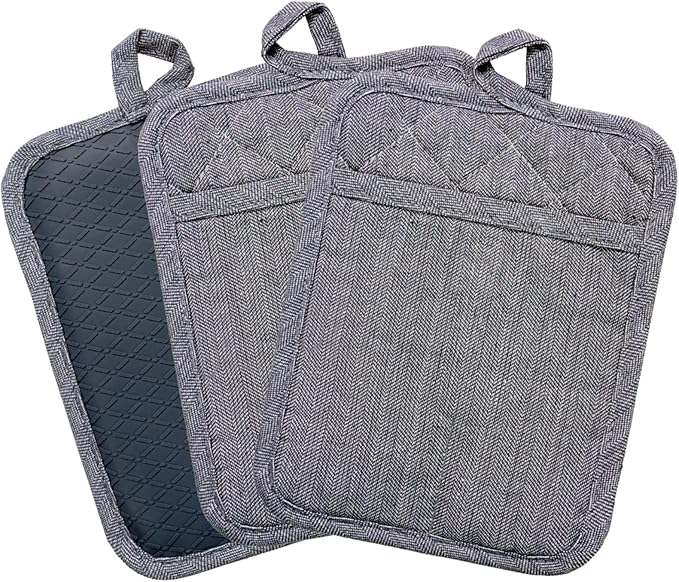 Pot Holders Yarn-Dyed Set of 3 Non Slip Silicone Kitchen Lines Heat Resistant 500℉ Kitchen Gloves BBQ Cooking Baking Women Men Cooking Barbecue Microwave Machine Washable (Gray Potholders)