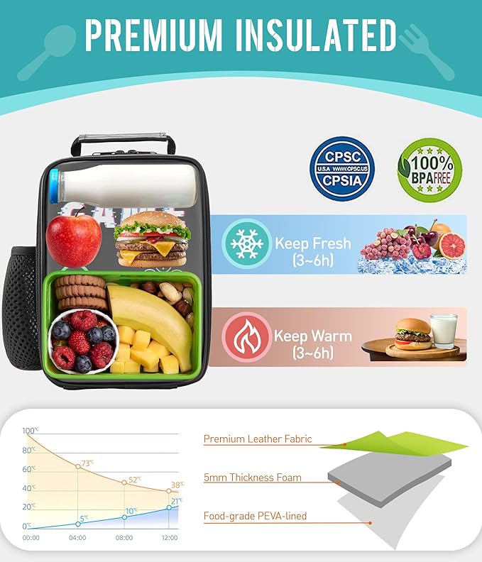 Boy Lunch Box,Kids Lunch Bag Insulated Leather Game Lunch Box for School Thermal Meal Cooler Lunch Boxes for Boy Girl Kid Toddler Teen