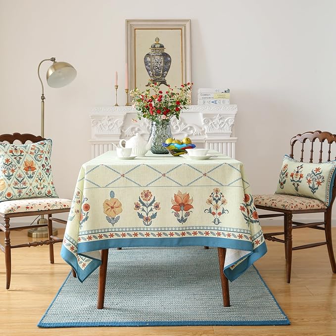 ISAENNE Designer Linen Floral Square Tablecloth,Light Green Farmhouse Durable Table Cloth,Fall Washable Decor Tablecloths for Dining Kitchen Thanksgiving Christmas,67"*67"-Floralsea B